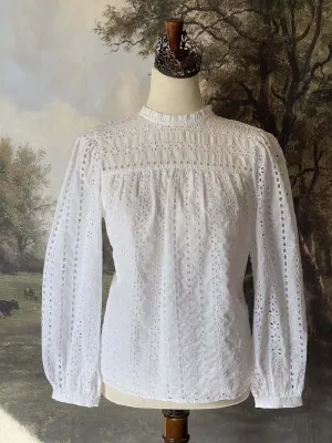 Edwardian & Victorian Inspired White Cotton Eyelet Blouse - Size XS-M