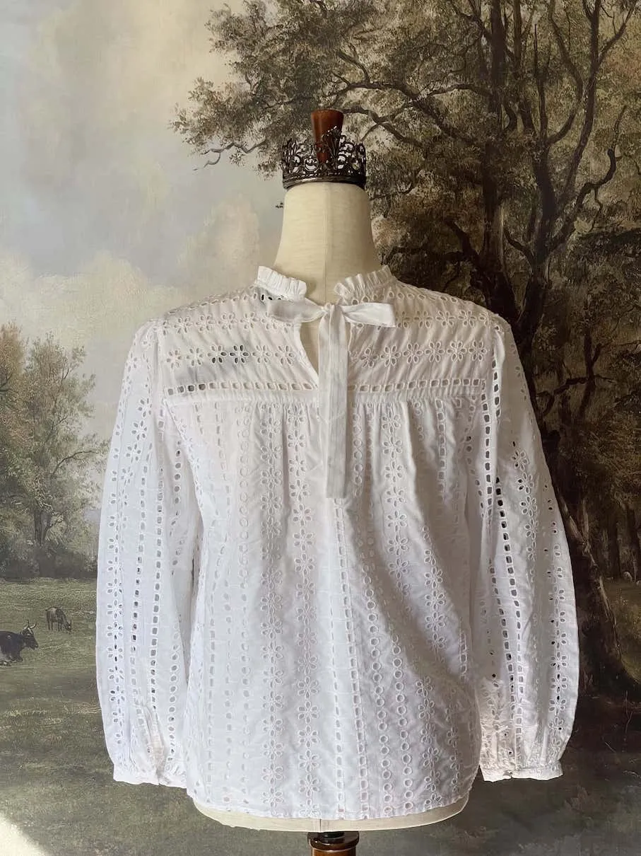 Edwardian & Victorian Inspired White Cotton Eyelet Blouse - Size XS-M