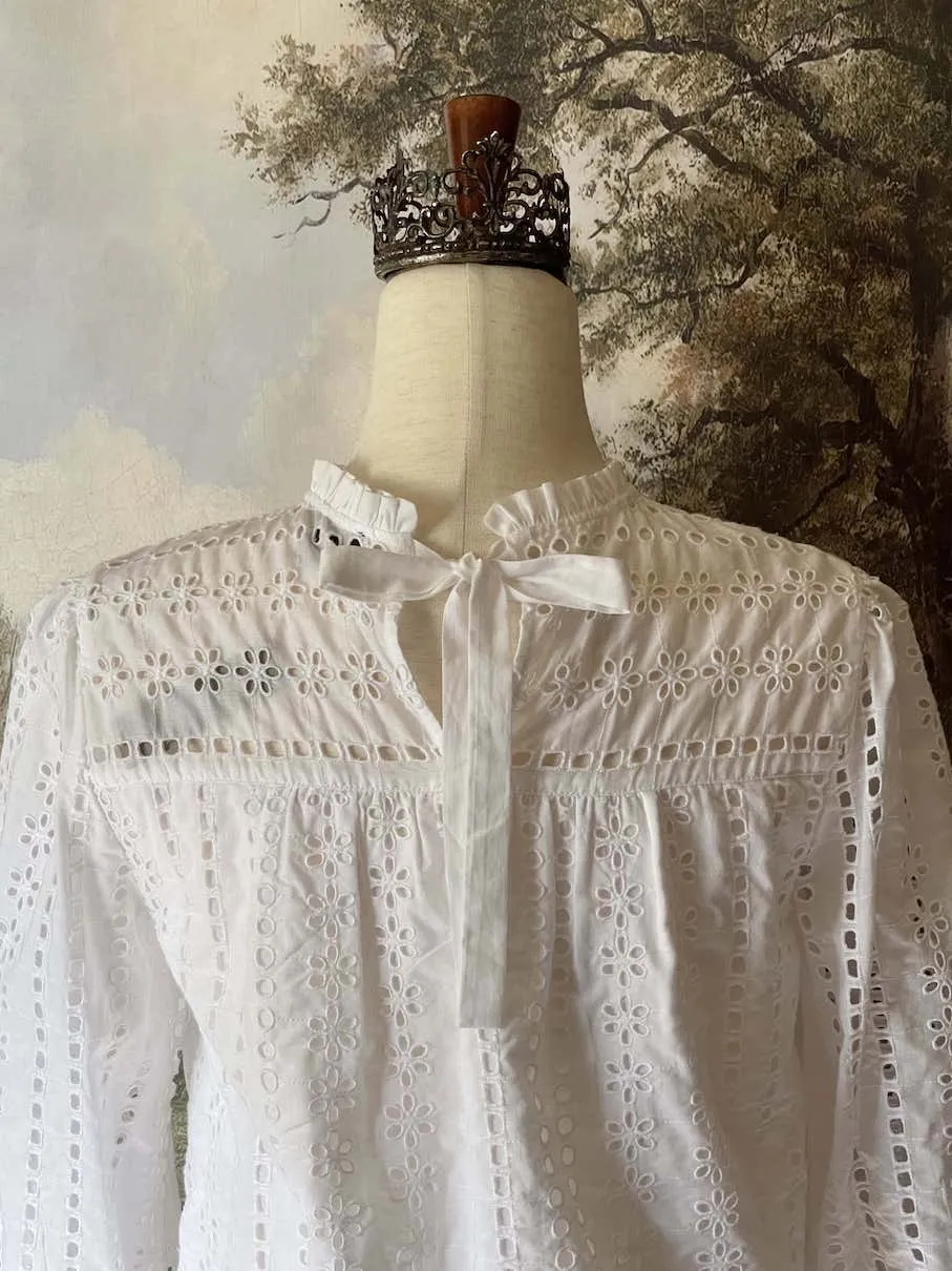 Edwardian & Victorian Inspired White Cotton Eyelet Blouse - Size XS-M