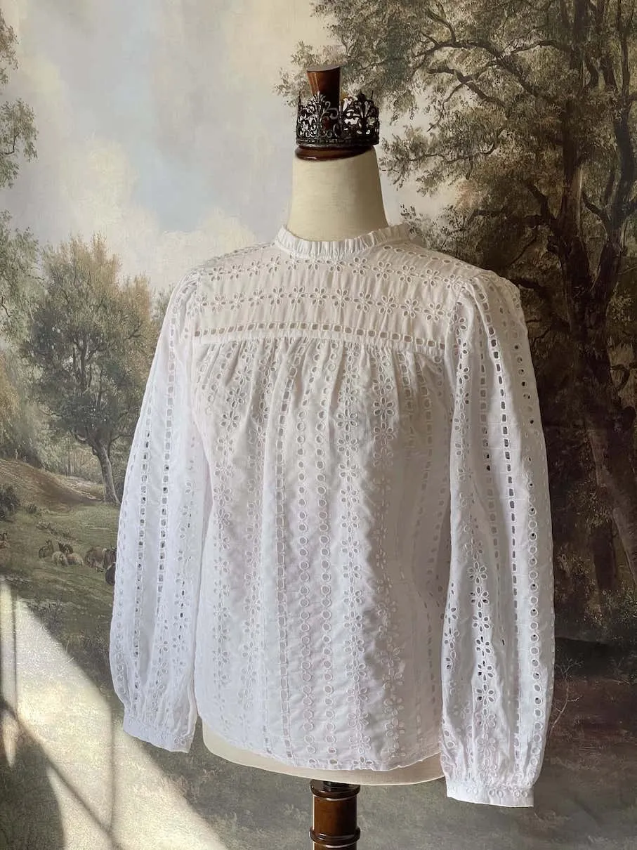 Edwardian & Victorian Inspired White Cotton Eyelet Blouse - Size XS-M