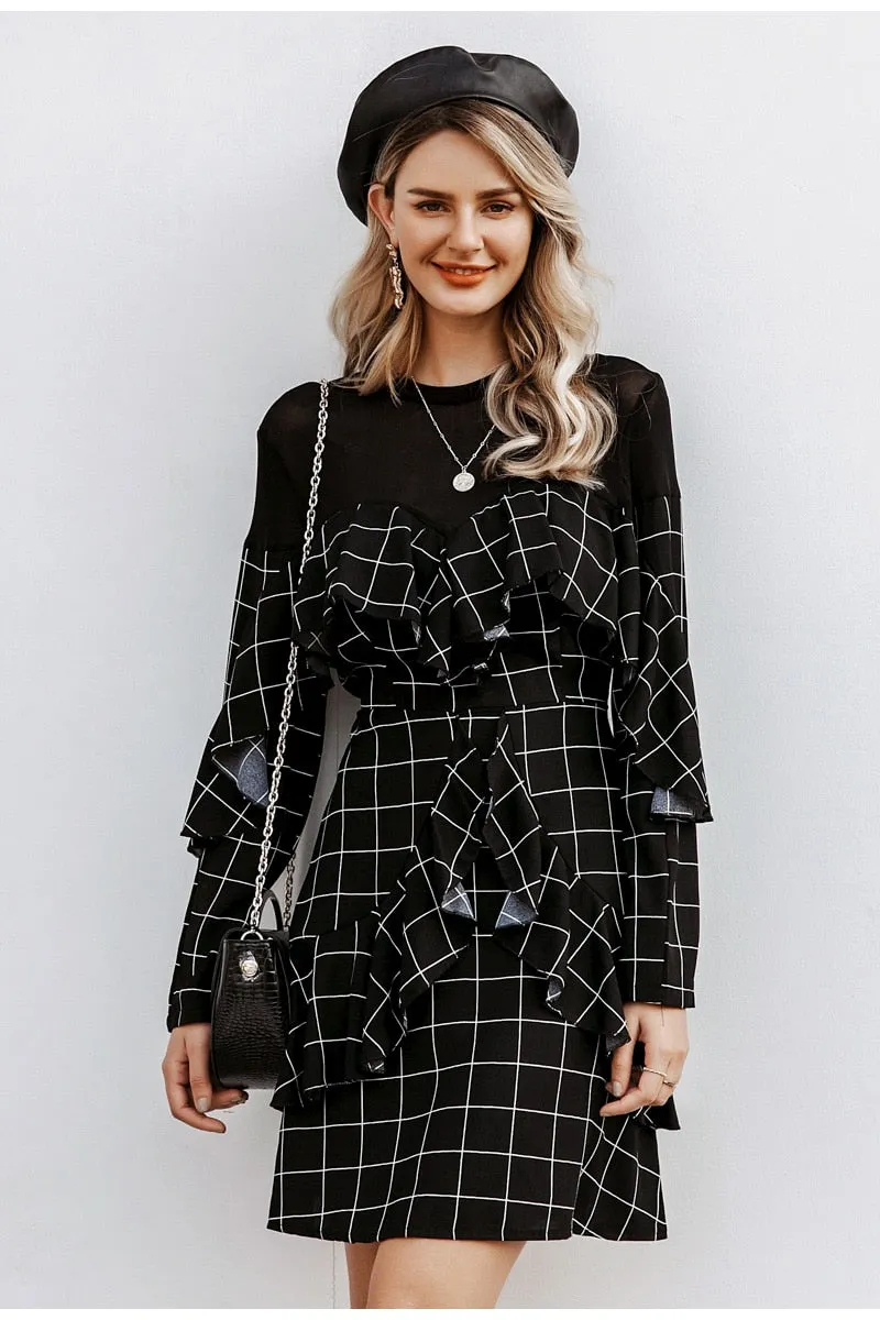 Elegant Office Lady Plaid Ruffled Long Sleeve Mini Straight O-neck Short Party Dress