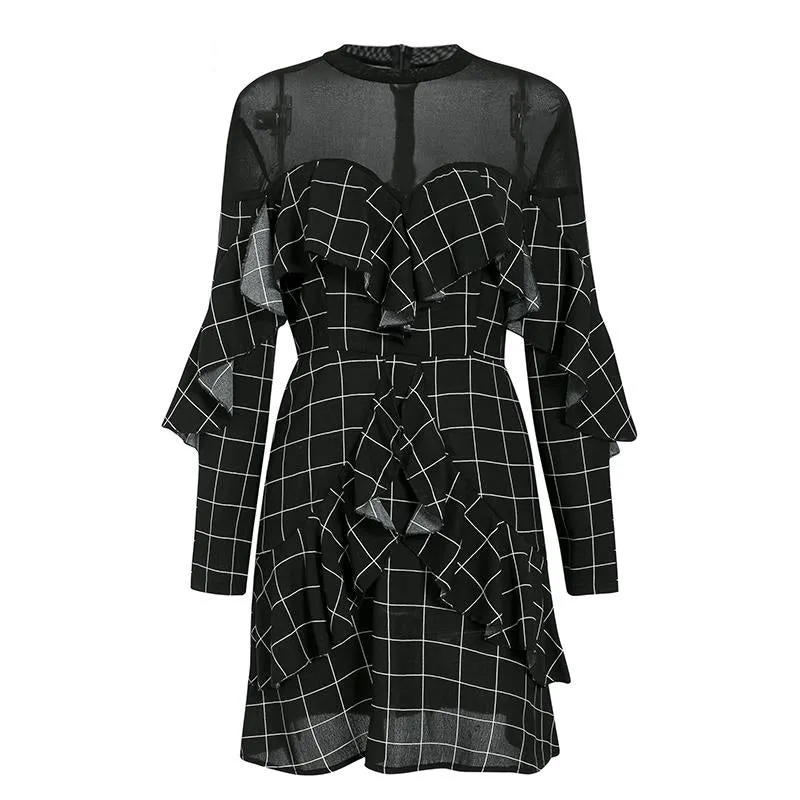 Elegant Office Lady Plaid Ruffled Long Sleeve Mini Straight O-neck Short Party Dress