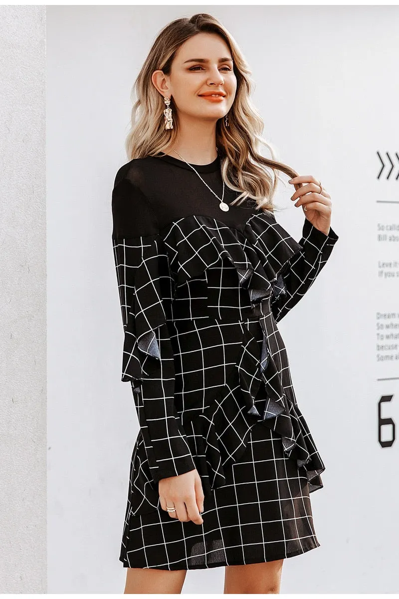 Elegant Office Lady Plaid Ruffled Long Sleeve Mini Straight O-neck Short Party Dress