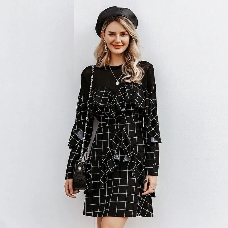 Elegant Office Lady Plaid Ruffled Long Sleeve Mini Straight O-neck Short Party Dress