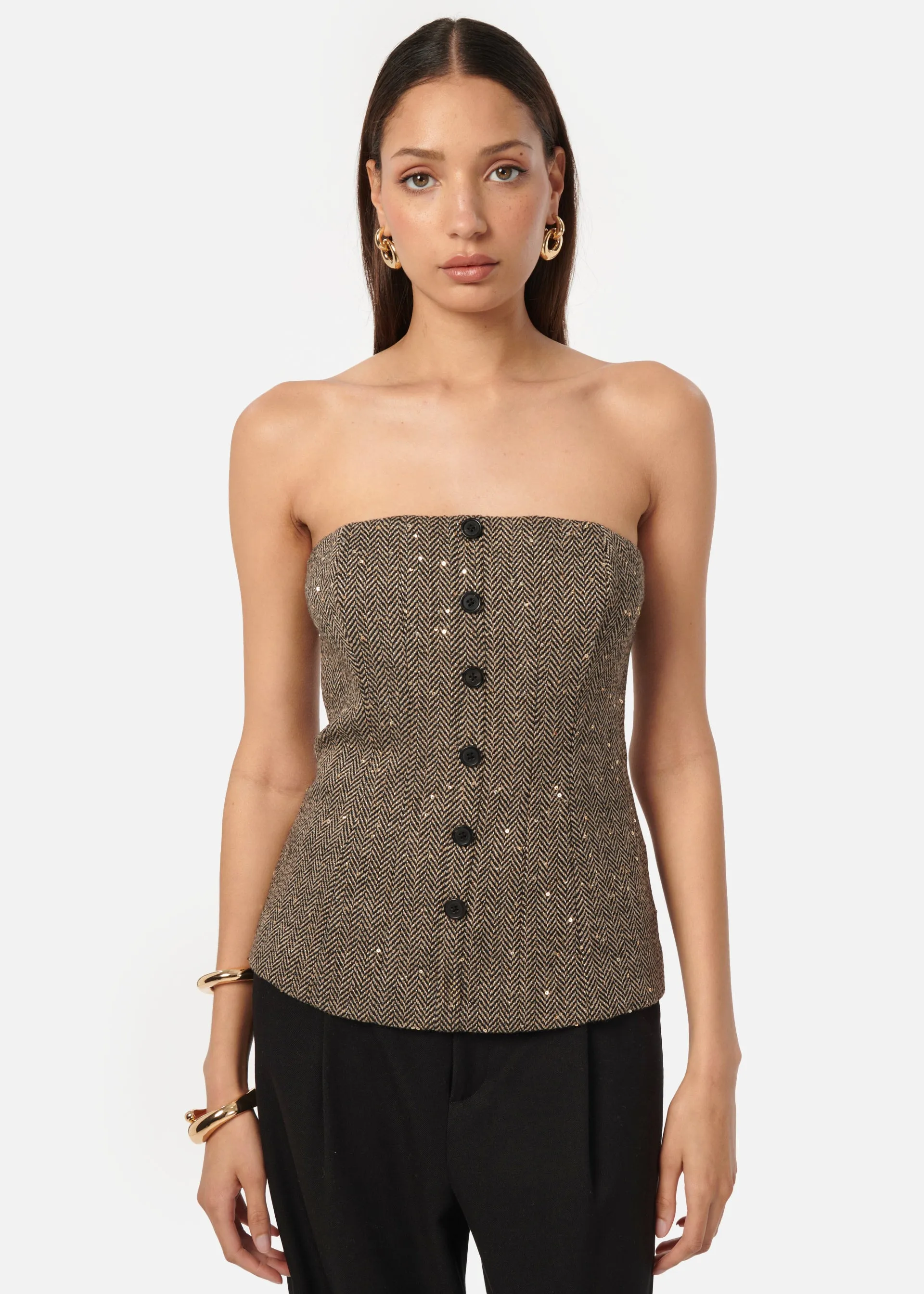 Elliot Sequin Tweed Top Black and Tan