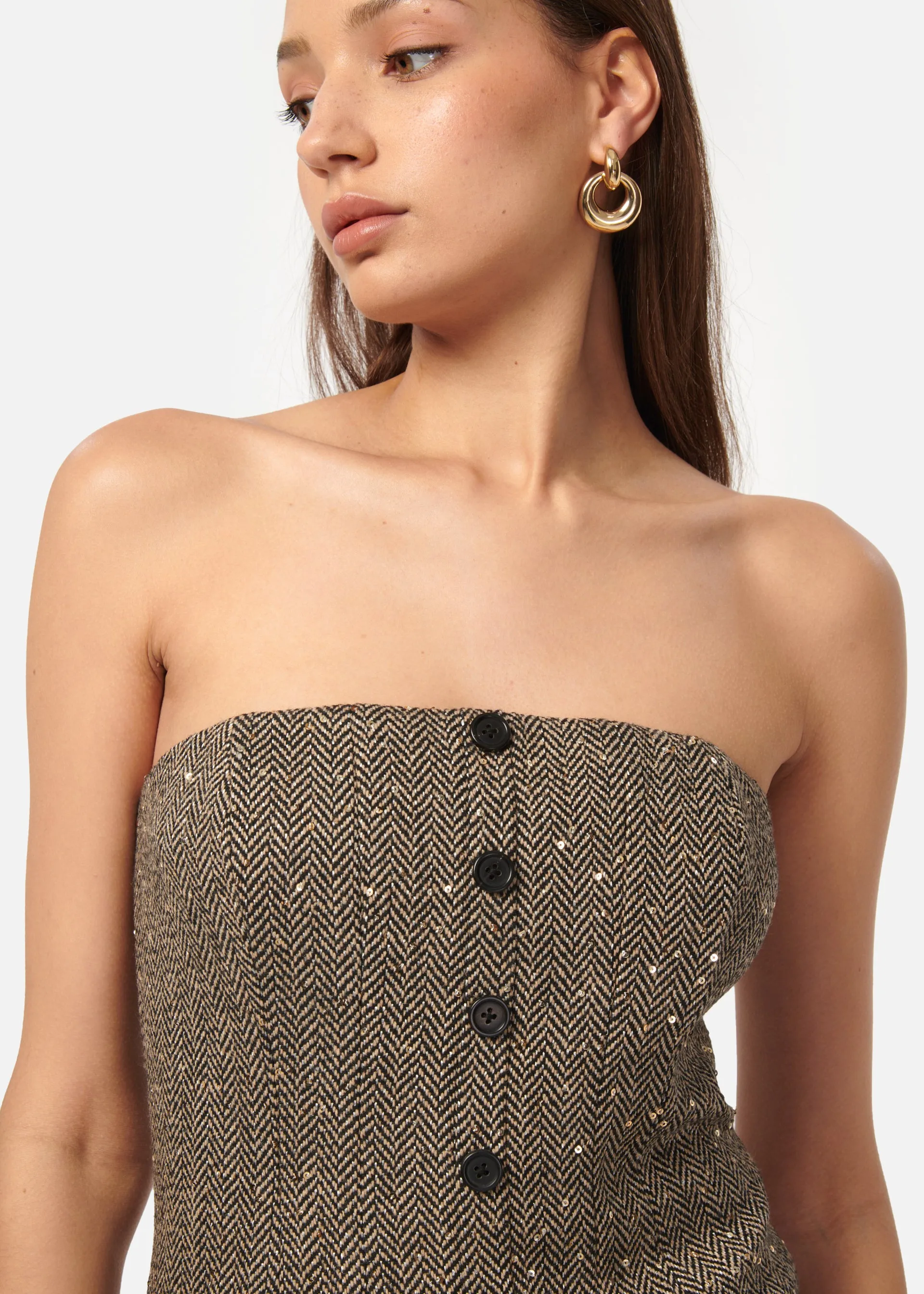 Elliot Sequin Tweed Top Black and Tan