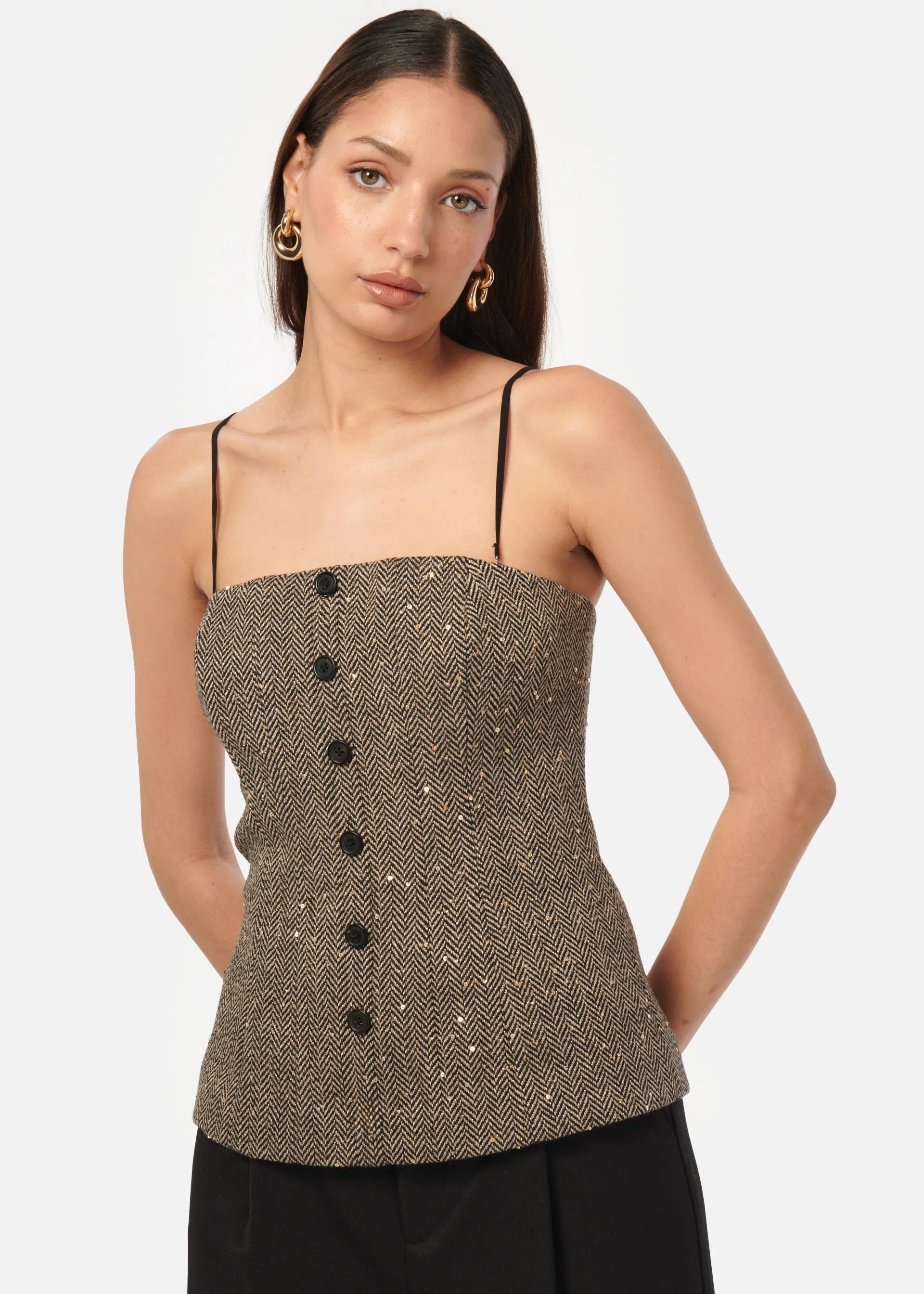 Elliot Sequin Tweed Top Black and Tan