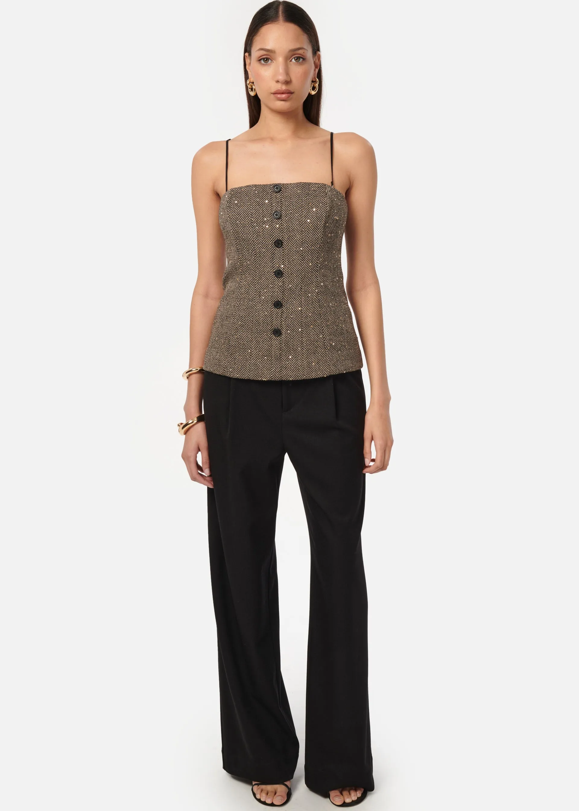 Elliot Sequin Tweed Top Black and Tan