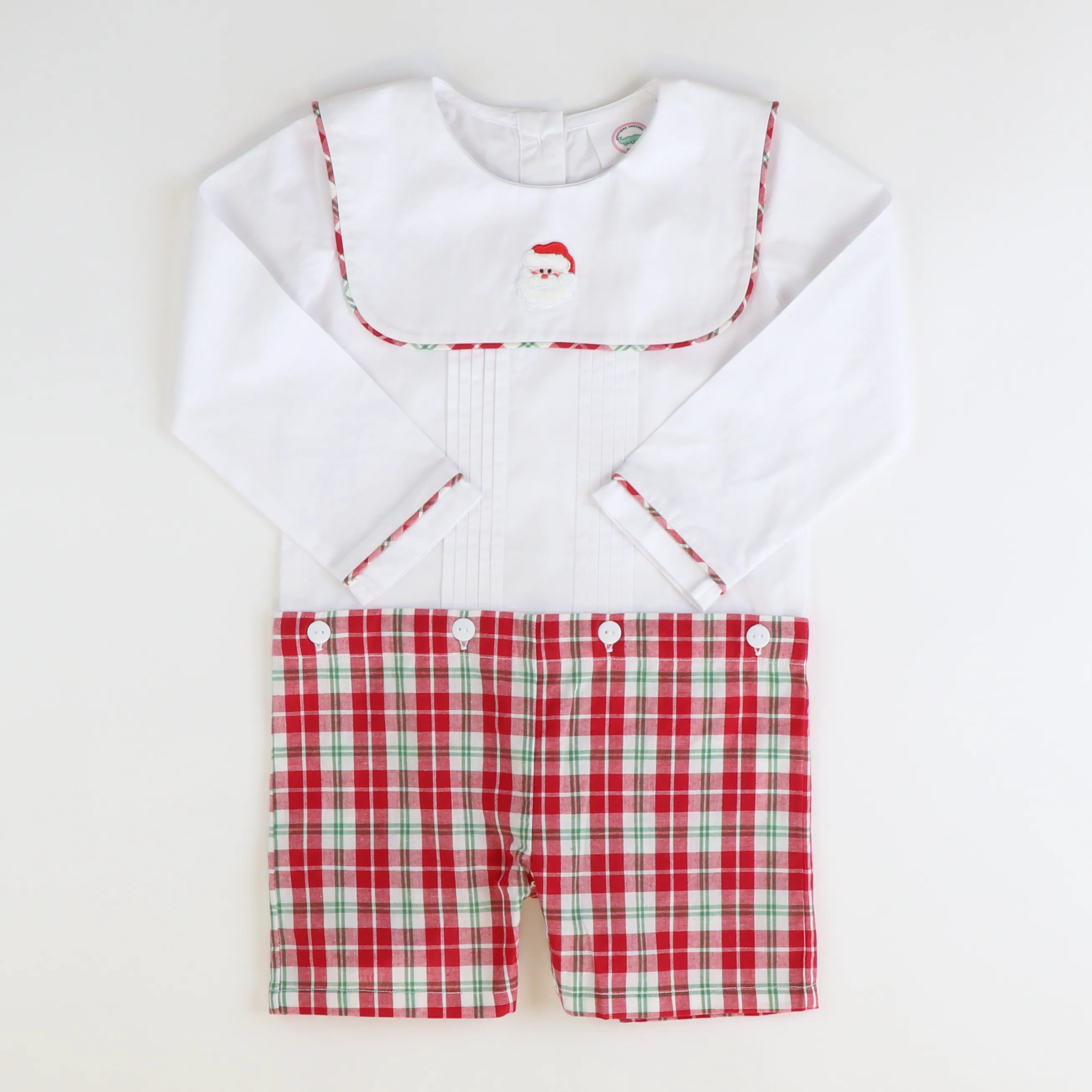 Embroidered Santa Short Set - Red & Green Plaid