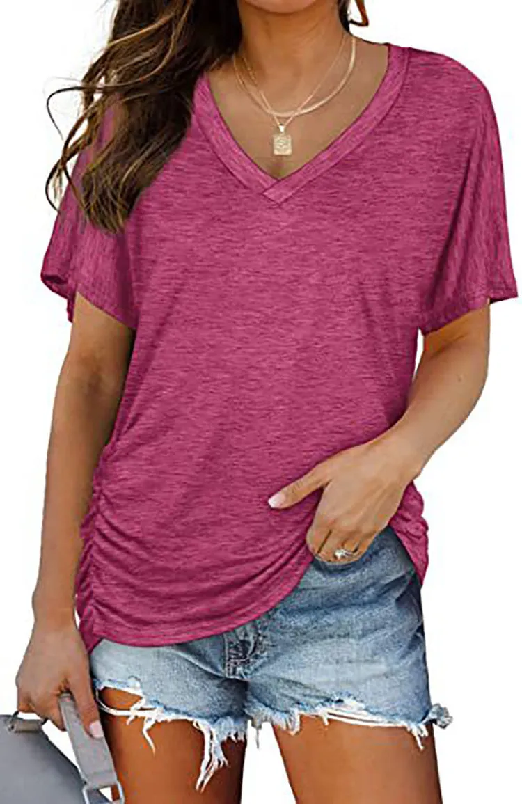 European And American T-shirt Solid Color Casual Loose-fitting V-neck Top