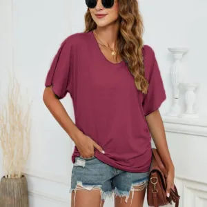 European And American T-shirt Solid Color Casual Loose-fitting V-neck Top