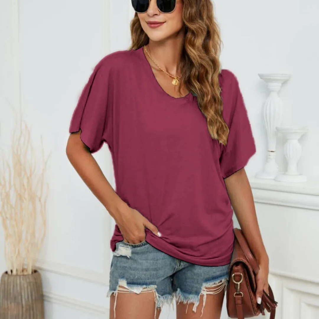 European And American T-shirt Solid Color Casual Loose-fitting V-neck Top