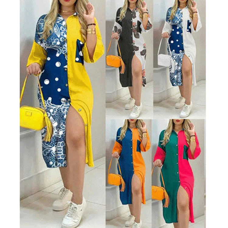 Fashion Shirt Skirt Contrast Color Loose Print Spring And Summer New Dress Women