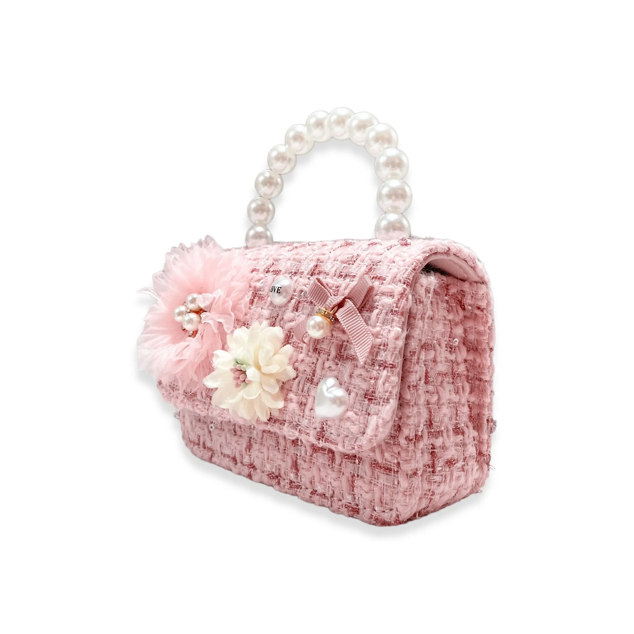 Floral Appliques Tweed Purse - Pink