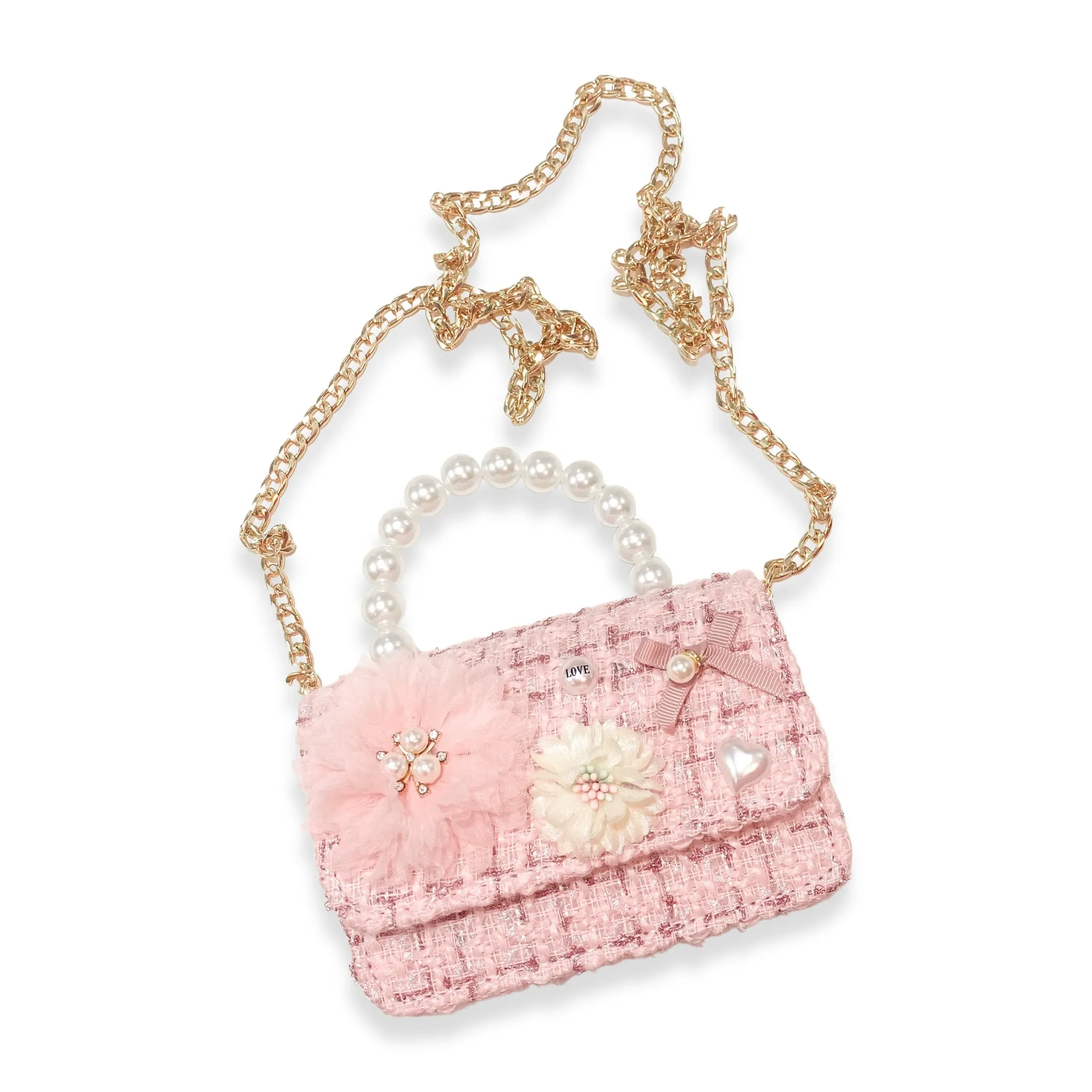 Floral Appliques Tweed Purse - Pink