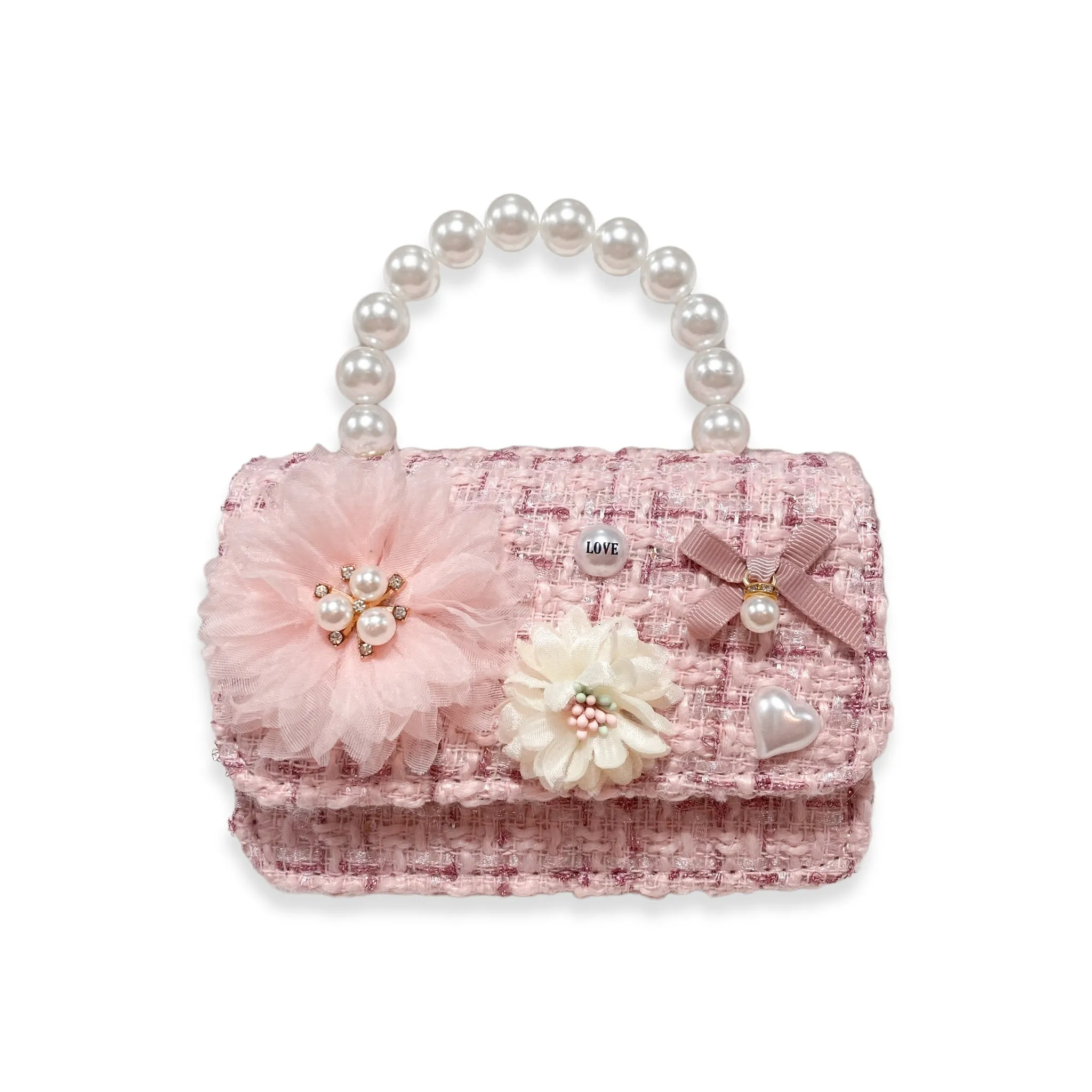 Floral Appliques Tweed Purse - Pink