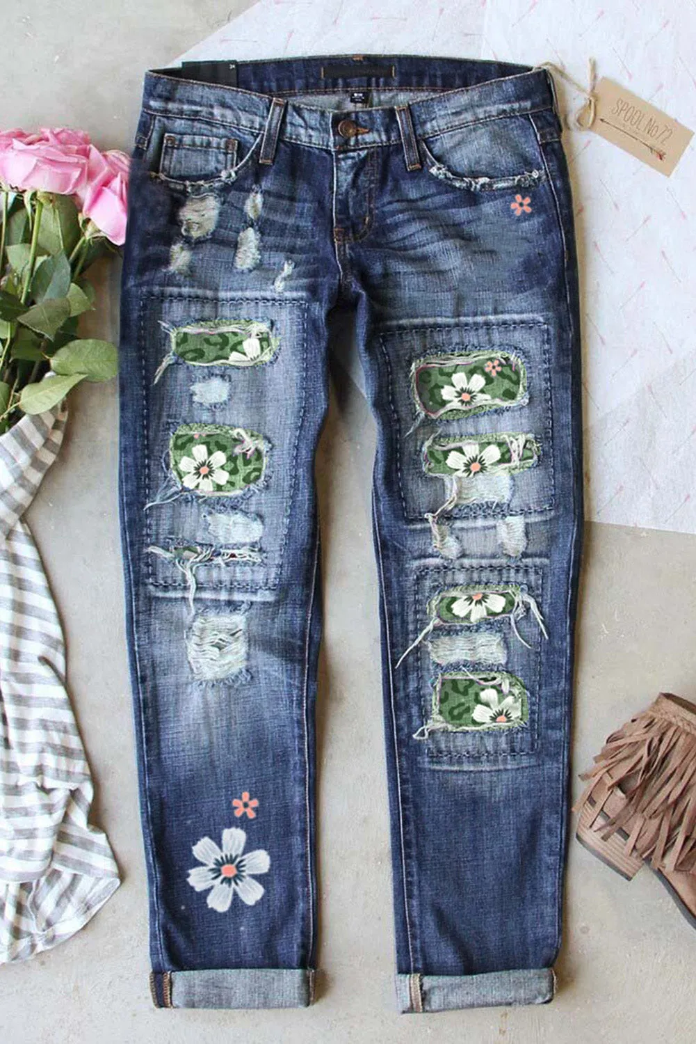 Floral Leopard Print Patchwork Distressed High Waist Jeans