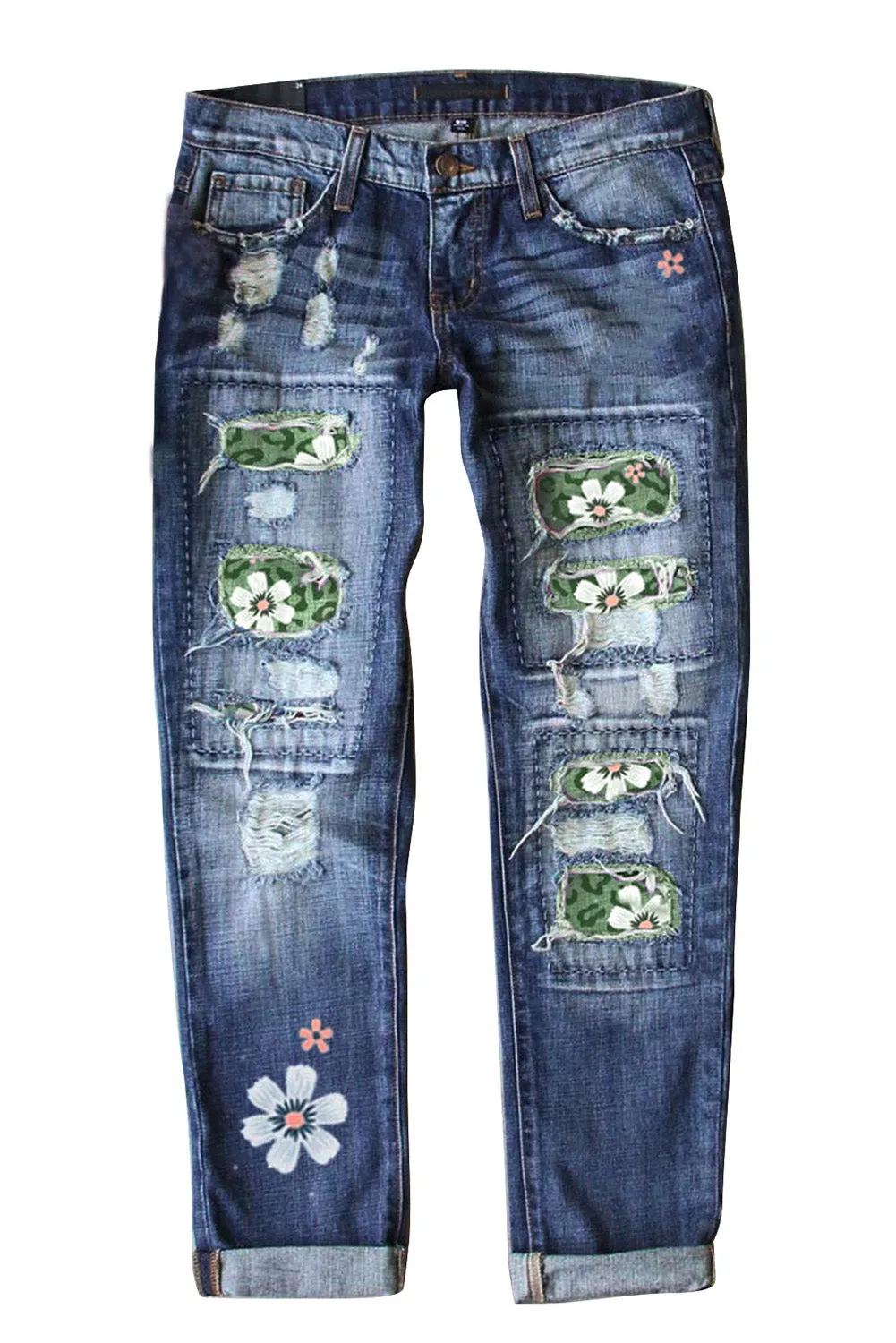 Floral Leopard Print Patchwork Distressed High Waist Jeans