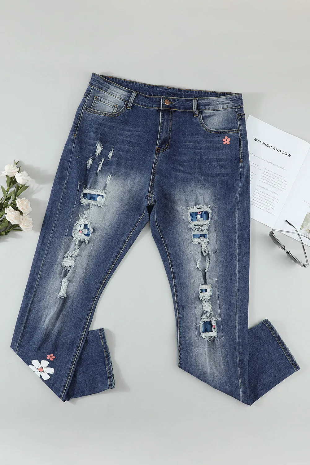 Floral Leopard Print Patchwork Distressed High Waist Jeans