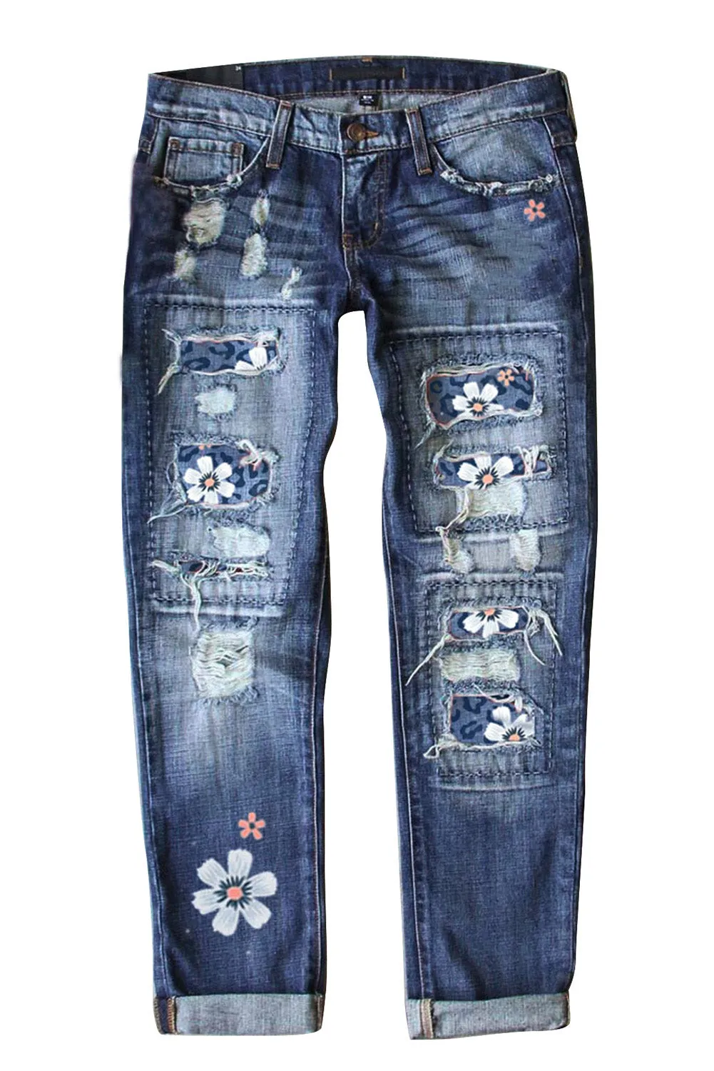 Floral Leopard Print Patchwork Distressed High Waist Jeans