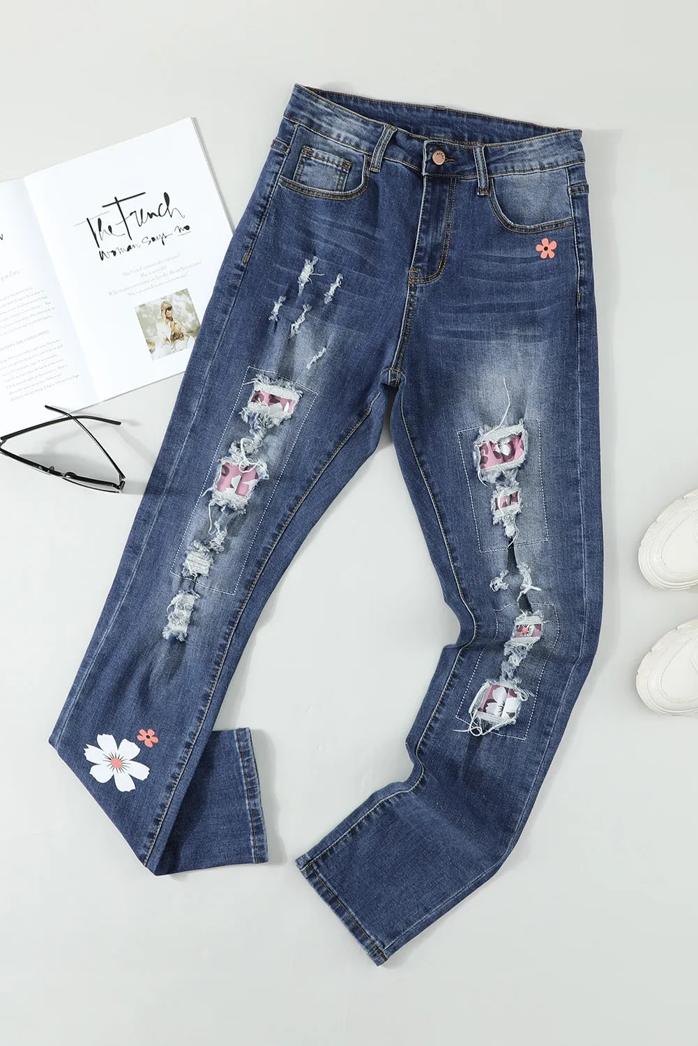 Floral Leopard Print Patchwork Distressed High Waist Jeans