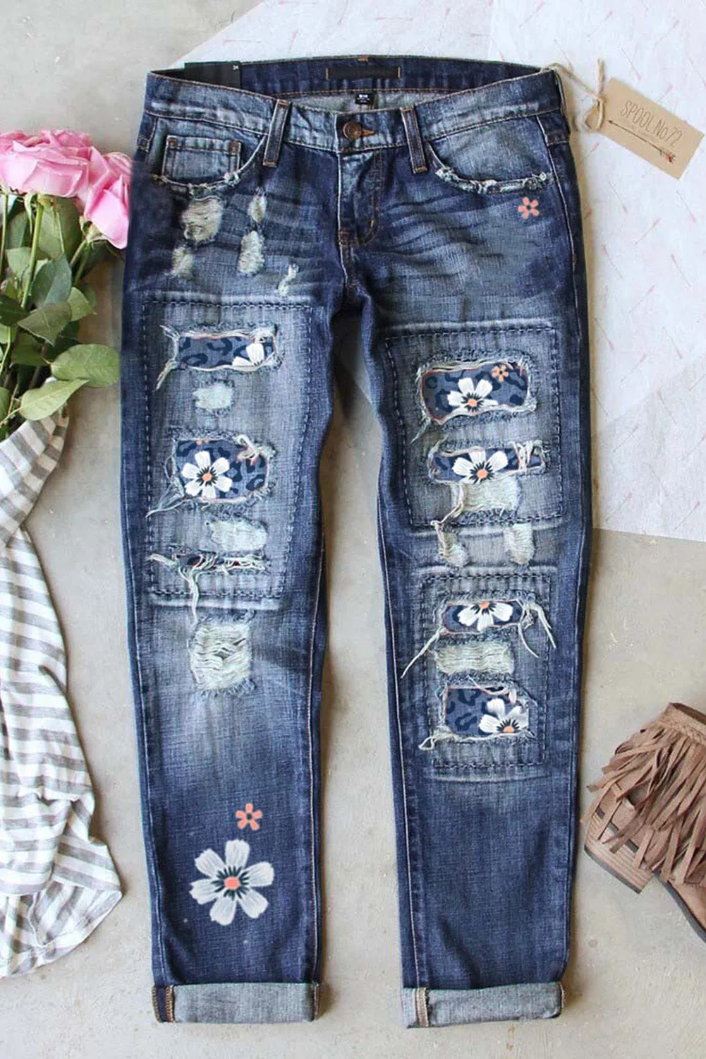 Floral Leopard Print Patchwork Distressed High Waist Jeans