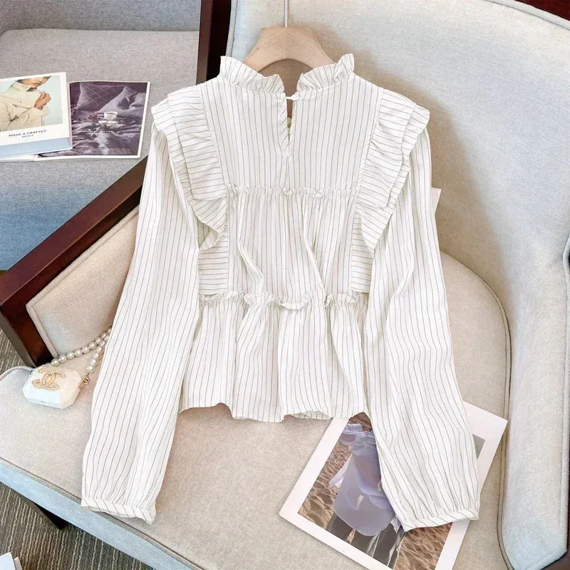 French Vintage Vertical Striped Loose Women Blouse Elegant Ladies Sweet Pink White Female Chicly Ruffles Collar Top