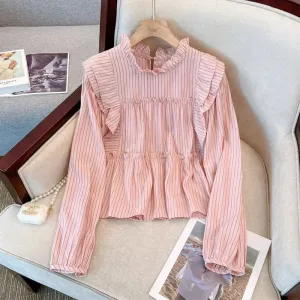 French Vintage Vertical Striped Loose Women Blouse Elegant Ladies Sweet Pink White Female Chicly Ruffles Collar Top