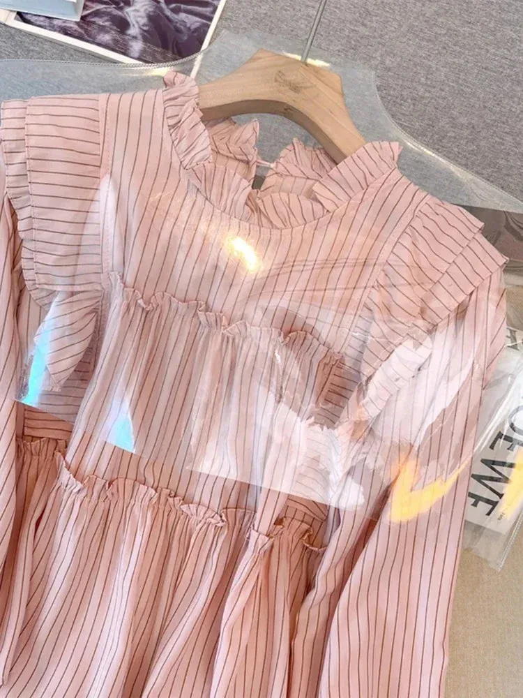 French Vintage Vertical Striped Loose Women Blouse Elegant Ladies Sweet Pink White Female Chicly Ruffles Collar Top