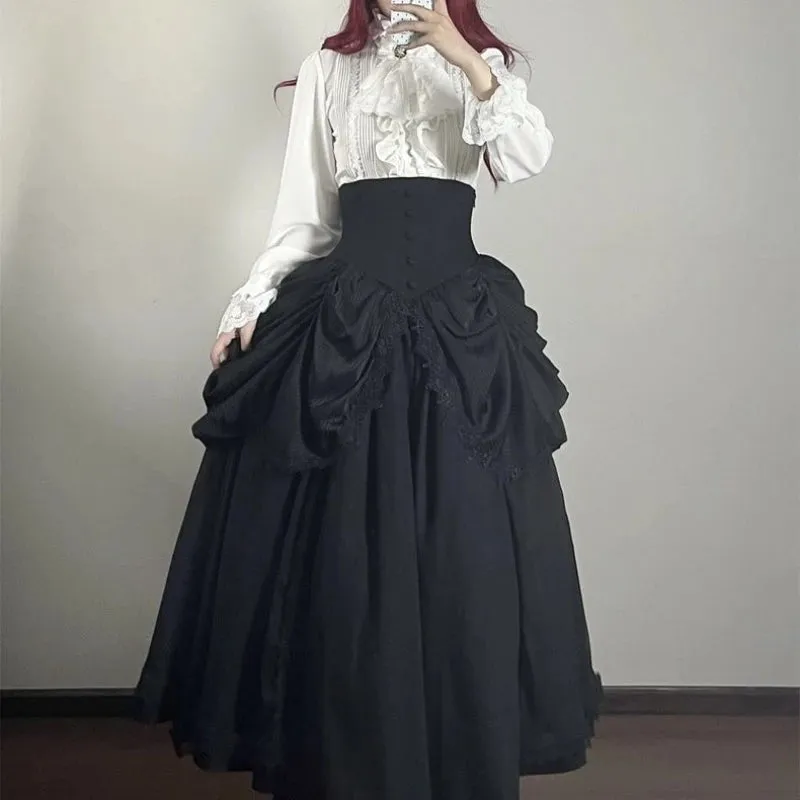 Gothic Black High Waist Fishbone Slim Mid Skirts Women Palace Style Vintage Solid Button A-Line Irregular Y2K Long Skirt