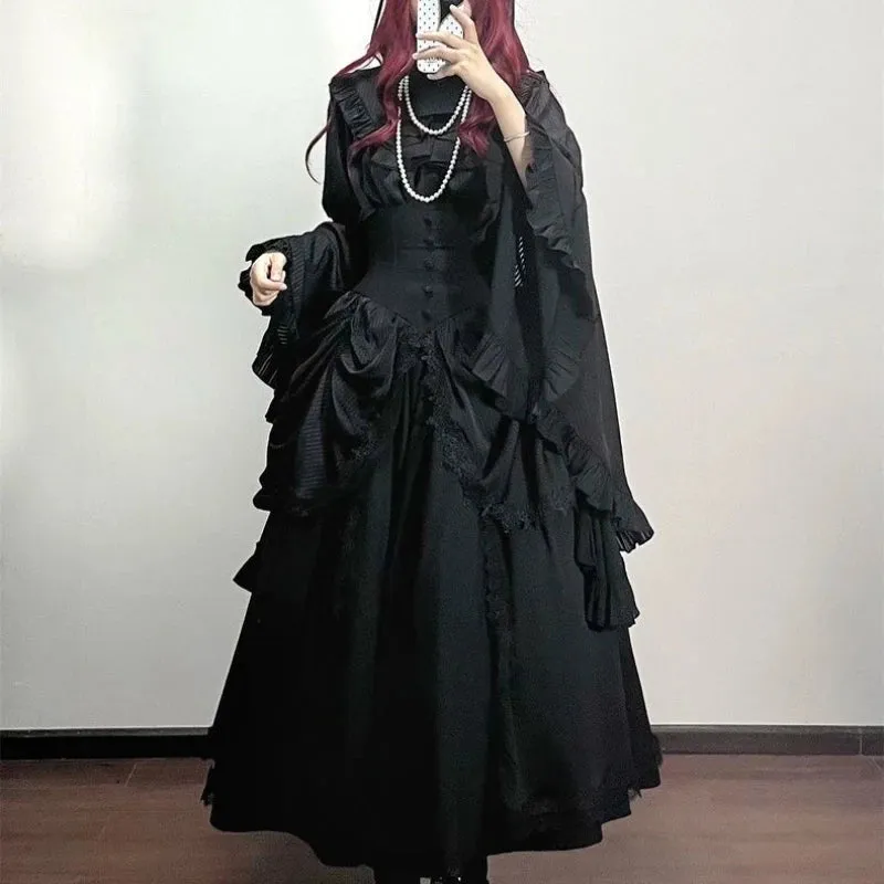 Gothic Black High Waist Fishbone Slim Mid Skirts Women Palace Style Vintage Solid Button A-Line Irregular Y2K Long Skirt