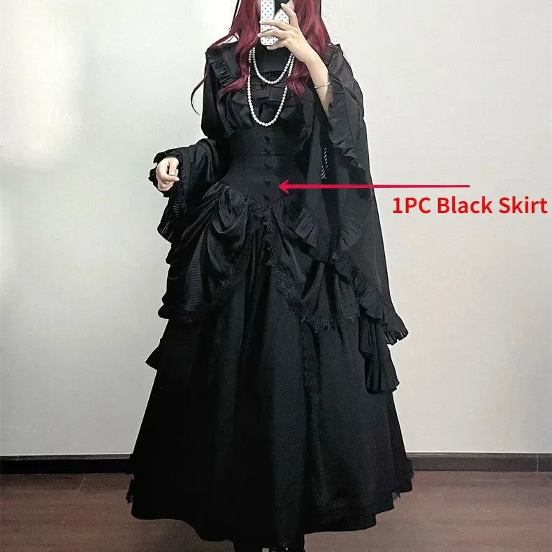 Gothic Black High Waist Fishbone Slim Mid Skirts Women Palace Style Vintage Solid Button A-Line Irregular Y2K Long Skirt