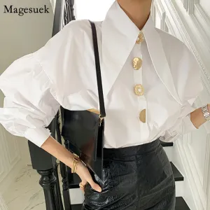 Graduation Gifts   Chic Button Cotton White Shirt Women Autumn Casual Office Lady Women Blosues Loose Lantern Long Sleeve Shirts Tops Blusas 15631