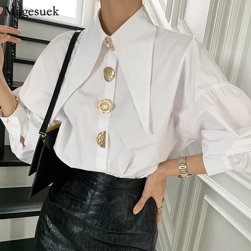 Graduation Gifts   Chic Button Cotton White Shirt Women Autumn Casual Office Lady Women Blosues Loose Lantern Long Sleeve Shirts Tops Blusas 15631