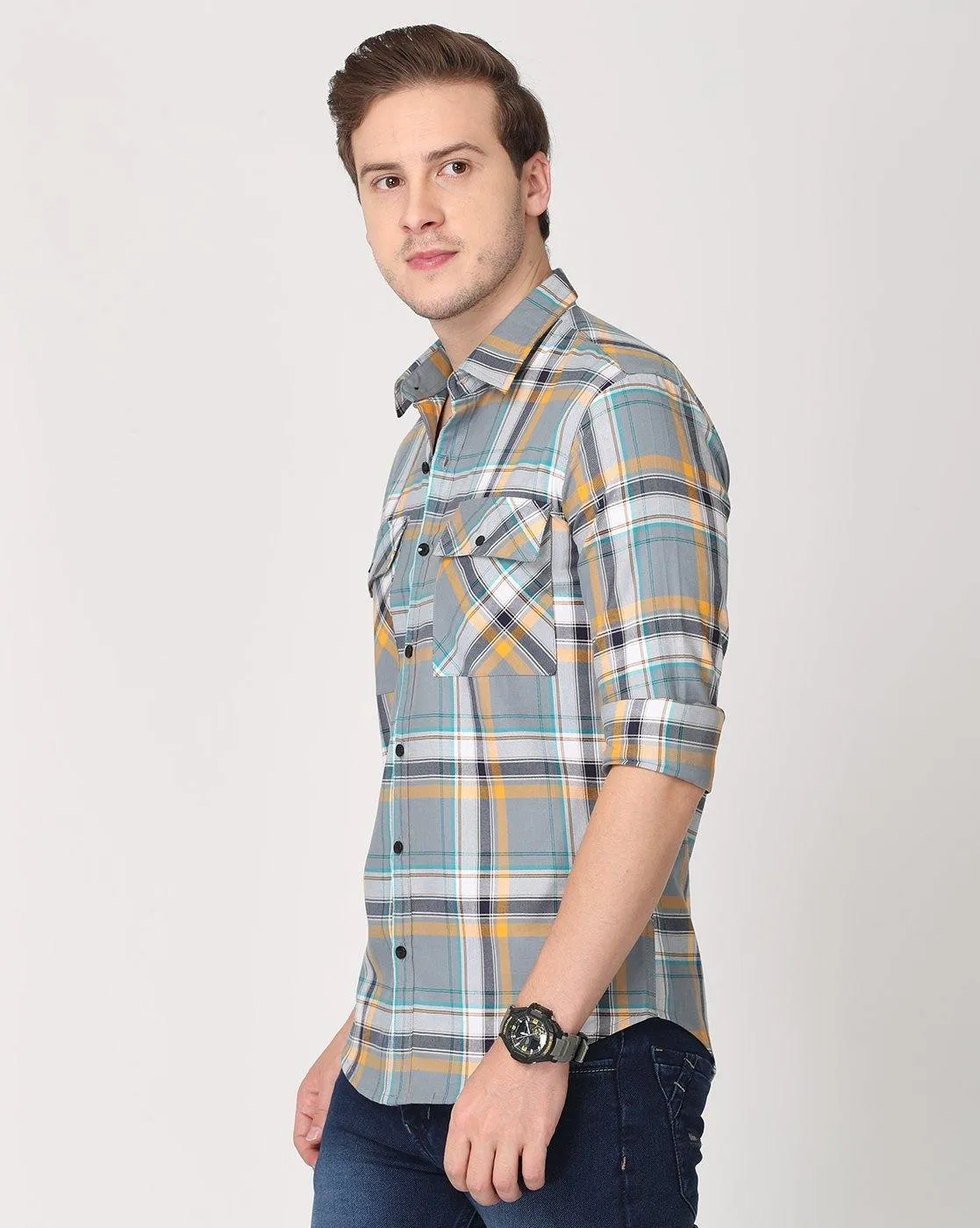 Grey, Yellow and Light Blue Double Pocket Shirt