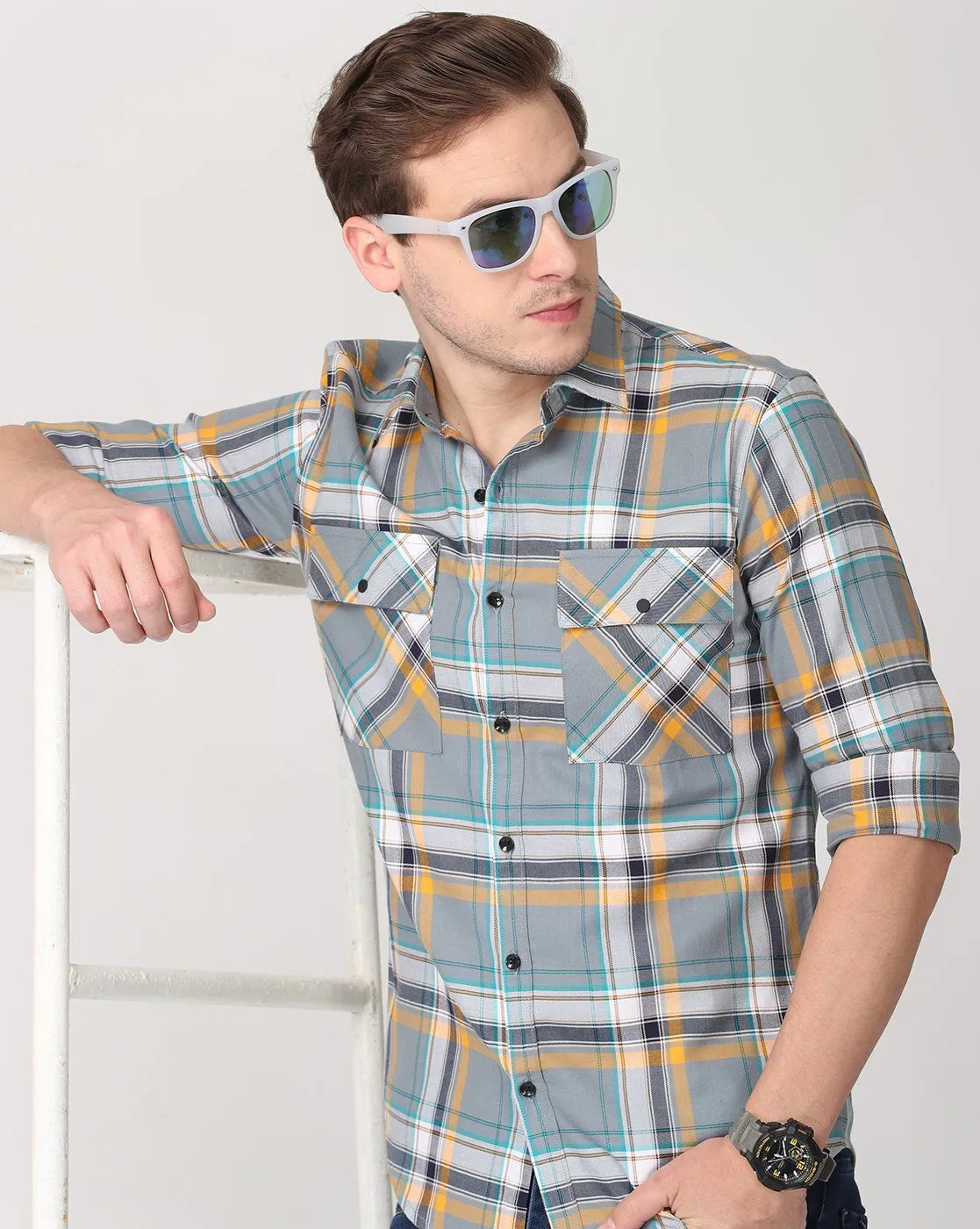 Grey, Yellow and Light Blue Double Pocket Shirt