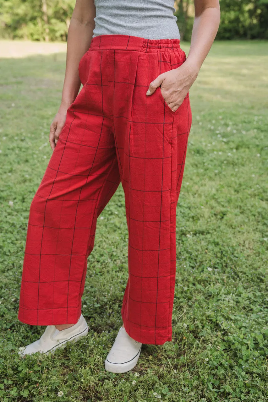 Handwoven Cotton Katie Crop Set in Red Plaid - XS Set and Shirt, M and L Shirt