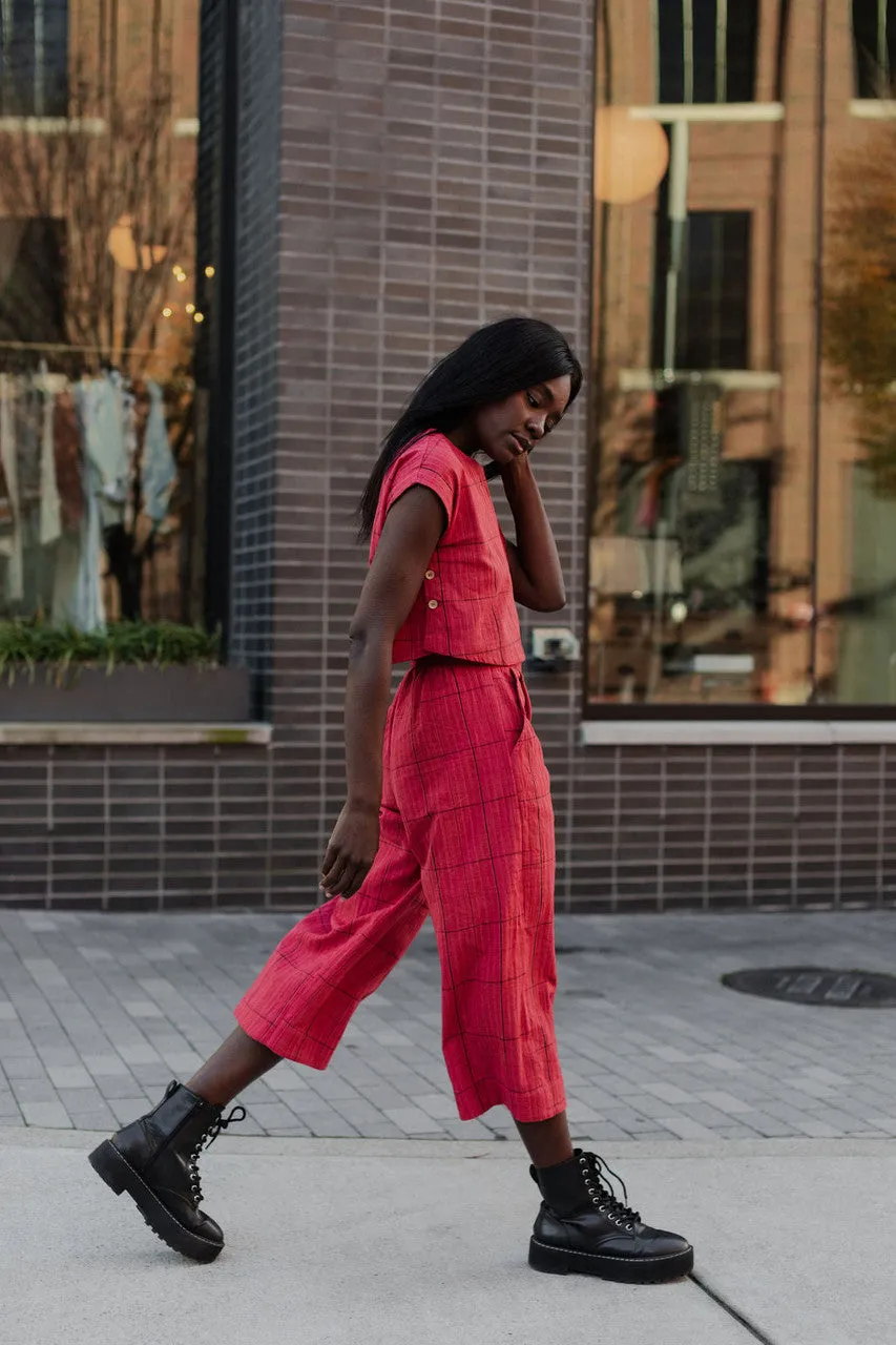 Handwoven Cotton Katie Crop Set in Red Plaid - XS Set and Shirt, M and L Shirt