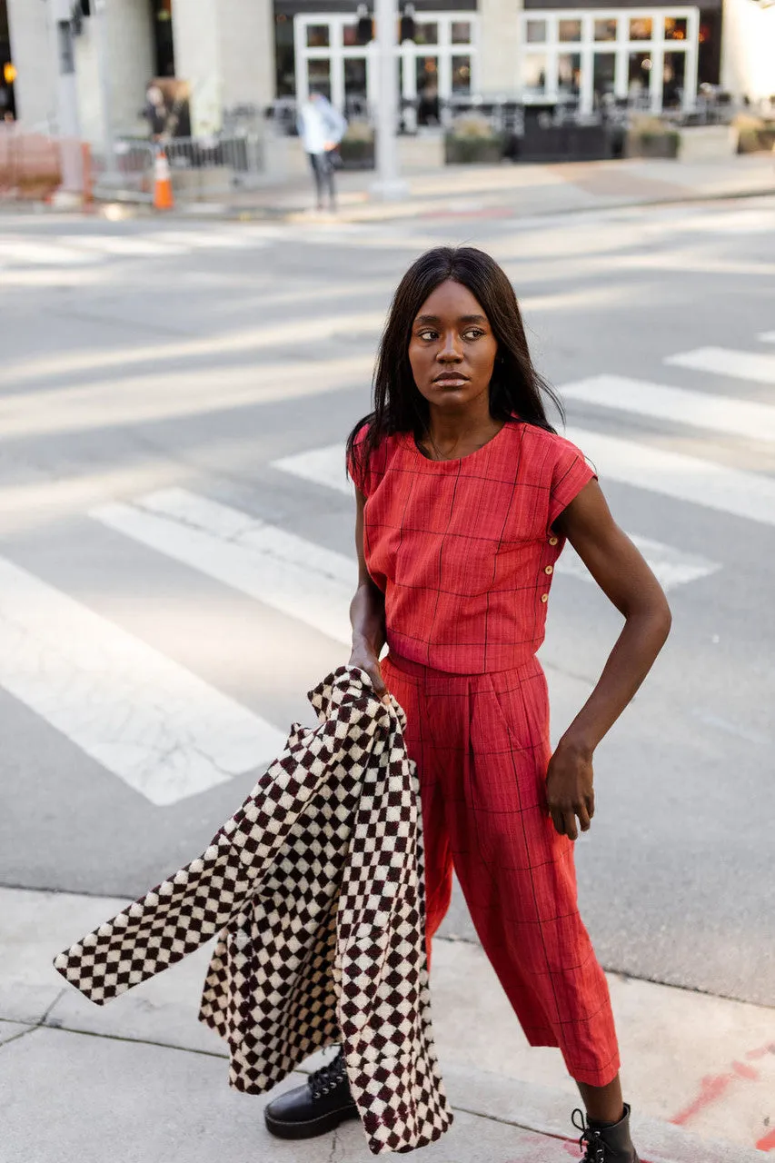 Handwoven Cotton Katie Crop Set in Red Plaid - XS Set and Shirt, M and L Shirt