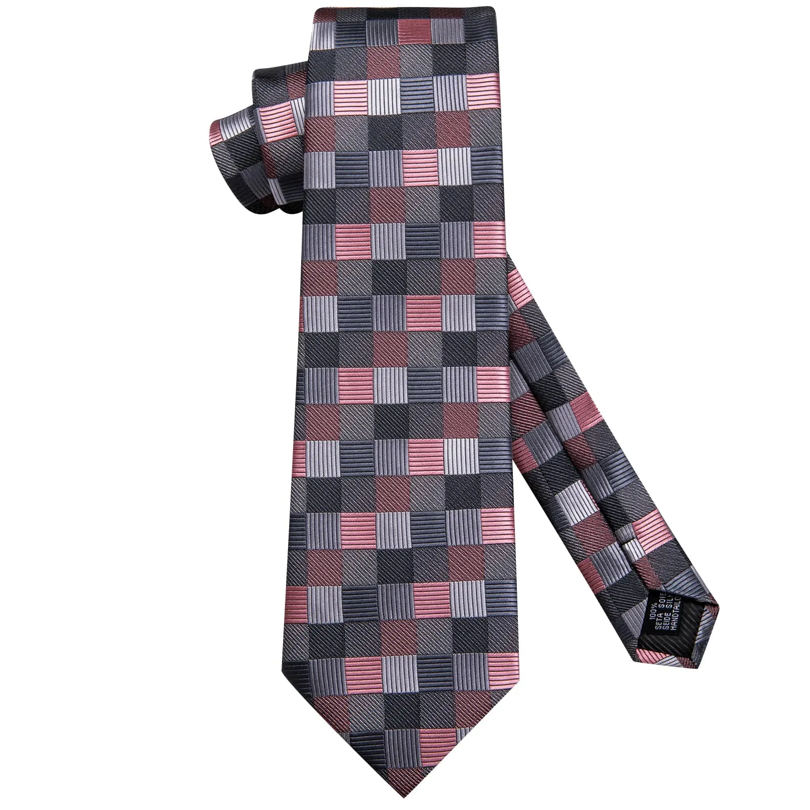 Hi-Tie Black Grey Coral Red Plaid Jacquard Geometric Men's Necktie Set