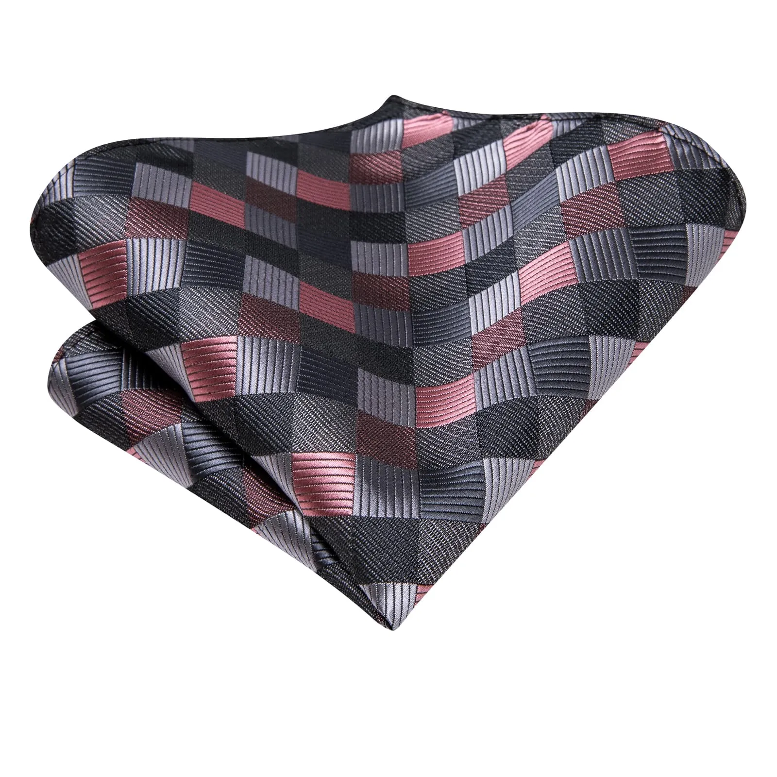 Hi-Tie Black Grey Coral Red Plaid Jacquard Geometric Men's Necktie Set