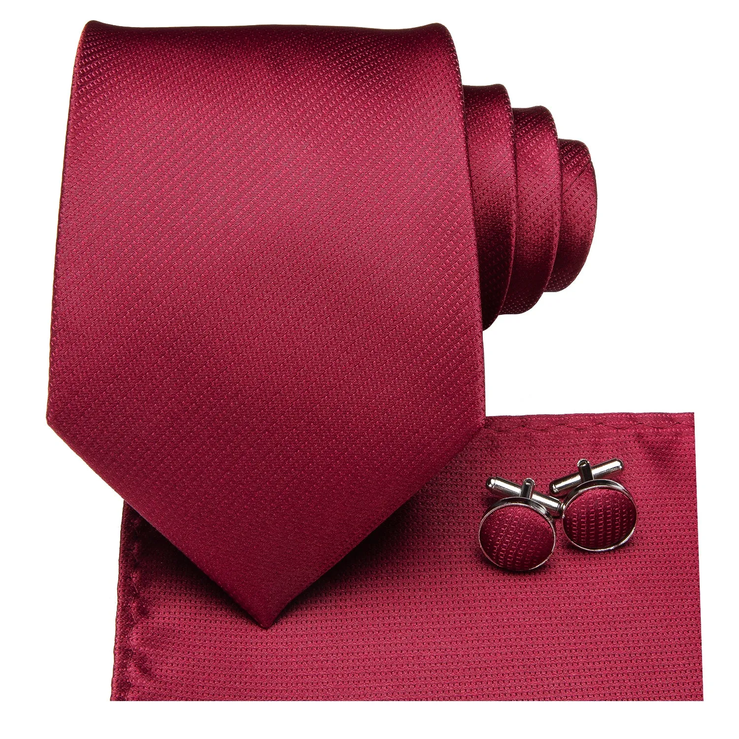 Hi-Tie Burgundy Red Striped Men's Neck Tie Pocket Square Cufflinks Set