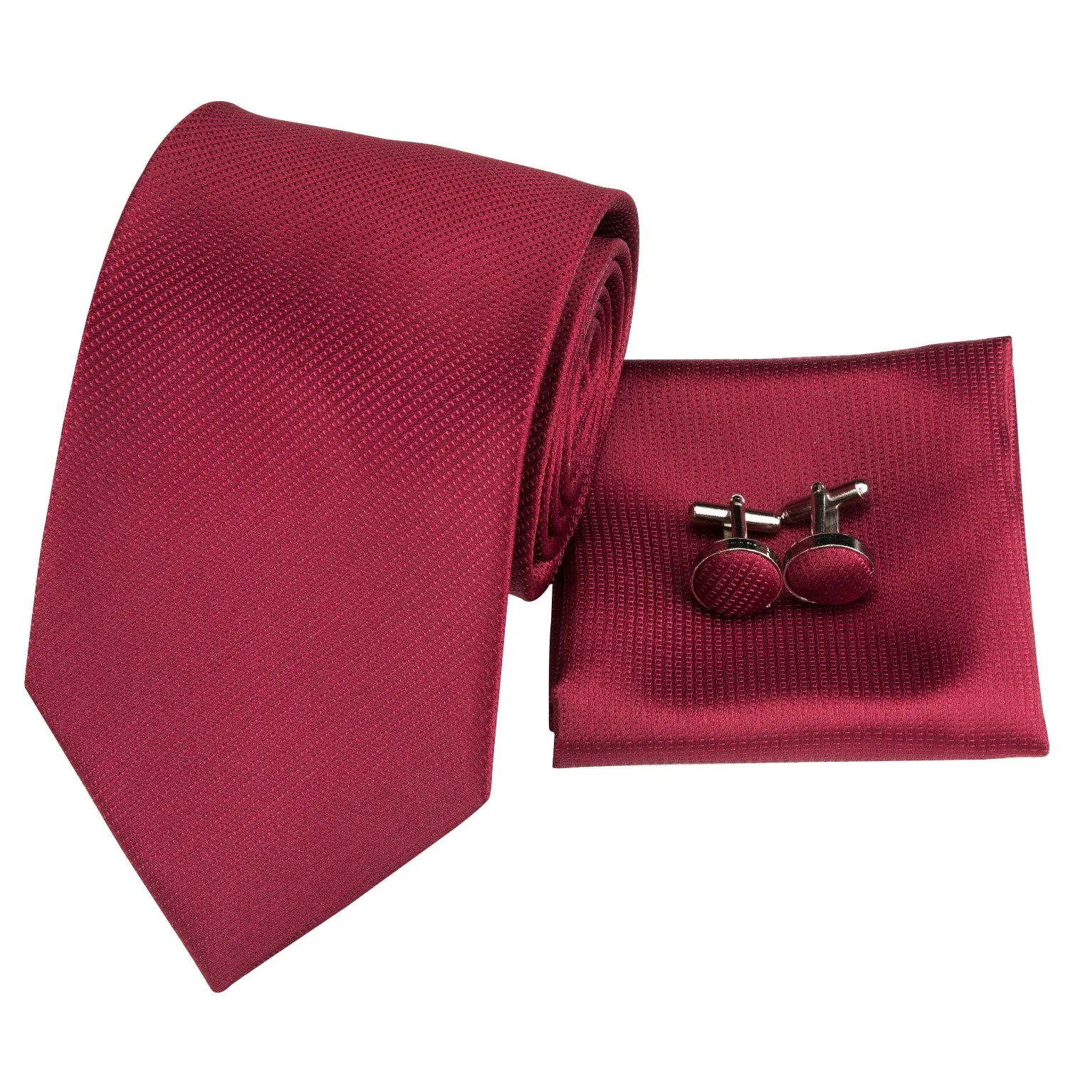 Hi-Tie Burgundy Red Striped Men's Neck Tie Pocket Square Cufflinks Set