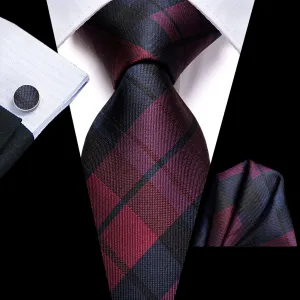 Hi-Tie Checkered Necktie Red Blue Plaid Tie Handkerchief Cufflinks Set