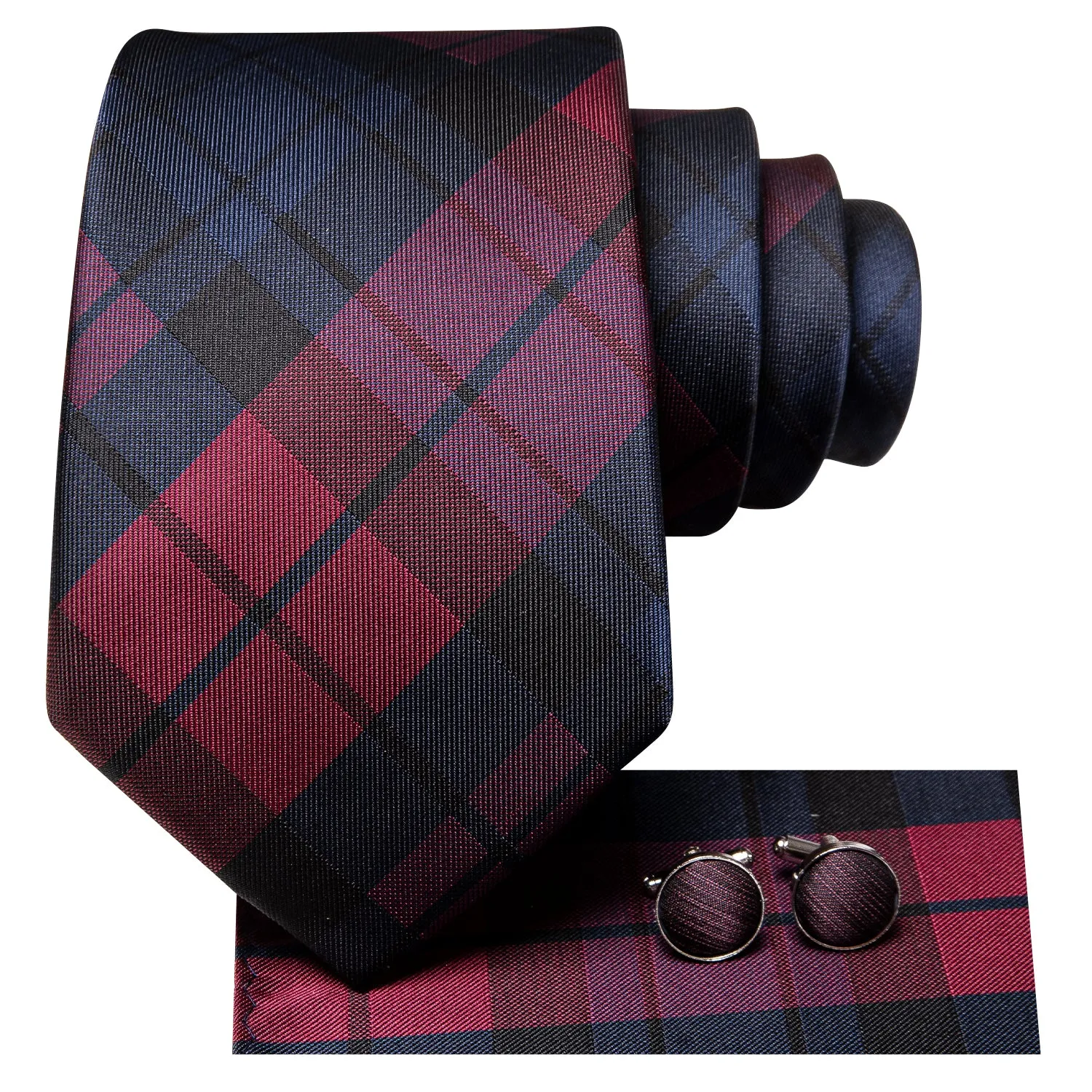 Hi-Tie Checkered Necktie Red Blue Plaid Tie Handkerchief Cufflinks Set