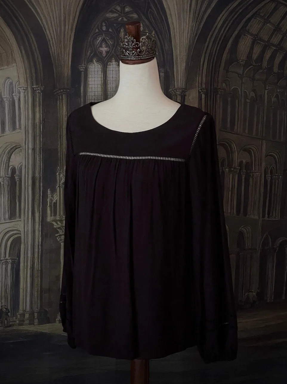 Historically Inspired Black Bishop Sleeve Chemise Blouse - Size L-XL