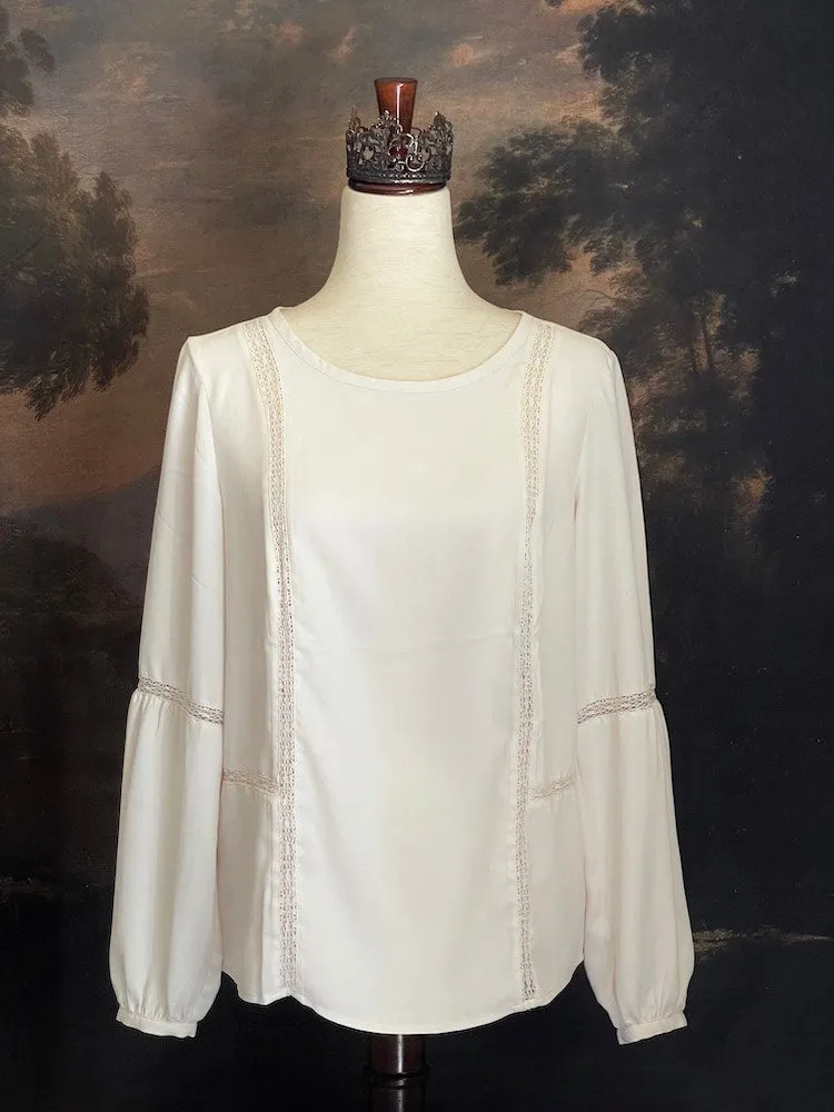 Historically Inspired Lace Inset Bishop Sleeve Blouse in Ivory - Size S-M