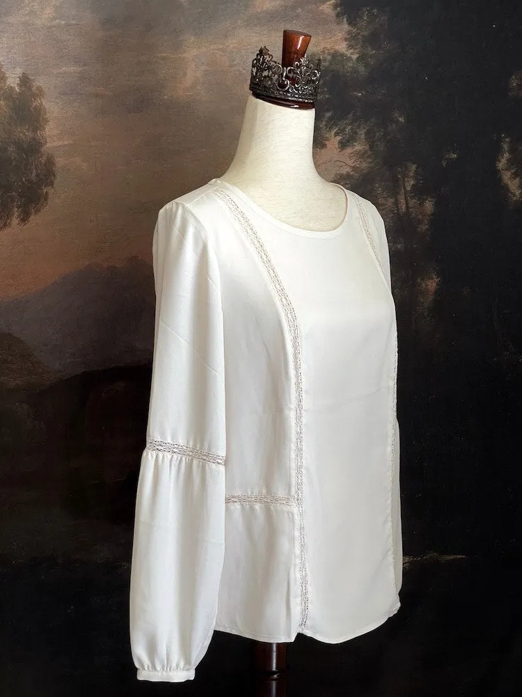 Historically Inspired Lace Inset Bishop Sleeve Blouse in Ivory - Size S-M