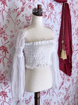 Historically Inspired Sheer Juliet Sleeve Smocked Blouse in White