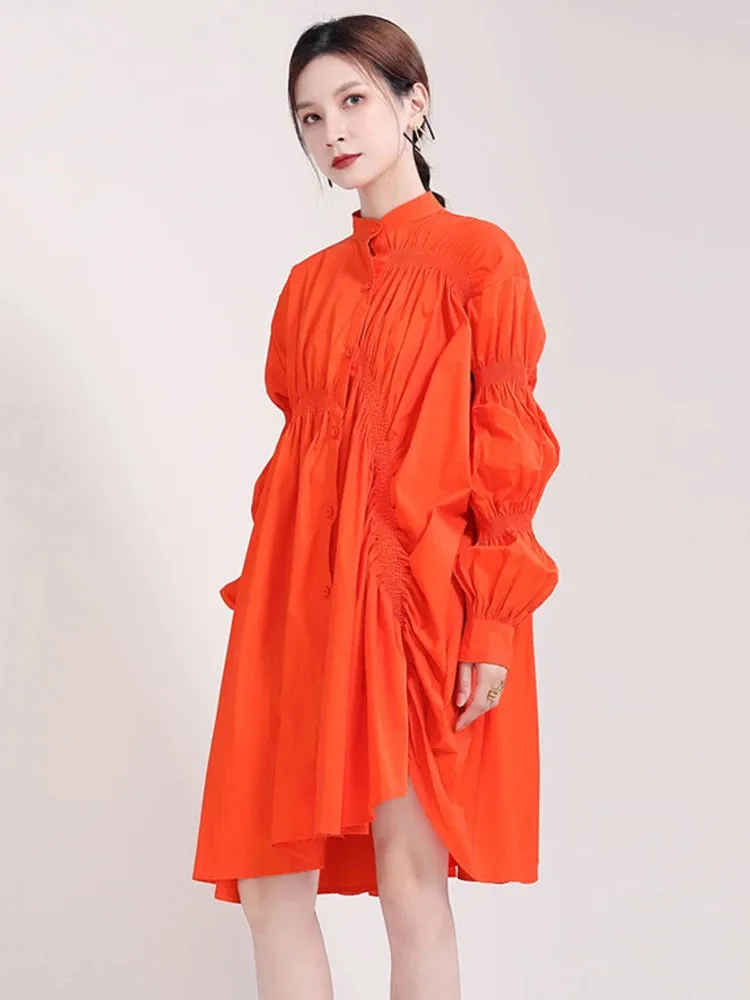 Hotaru Long Sleeve Pleated Shirt Dress - Orange